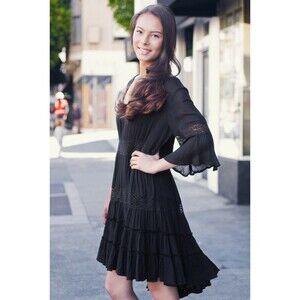 Free People Dream Cloud Black Mini Dress Boho Lace Tiered Bell Sleeve S 288628